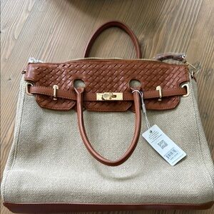 Tuckernuck-Tan and Brown Leather Satchel with Gold Clasp